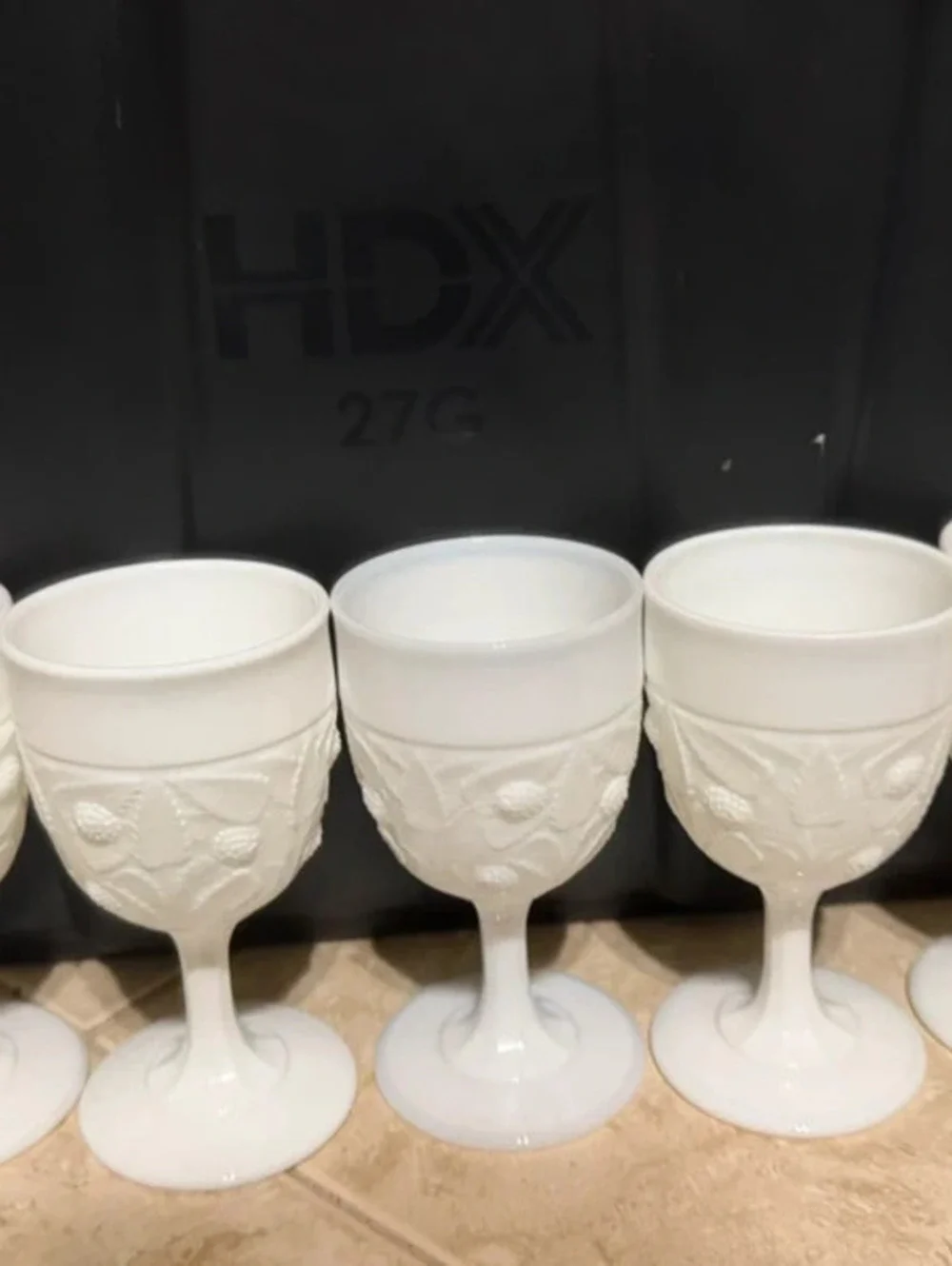 Vintage White Milk Glass Harvest Grape Pattern Stemmed Goblets Set of 5